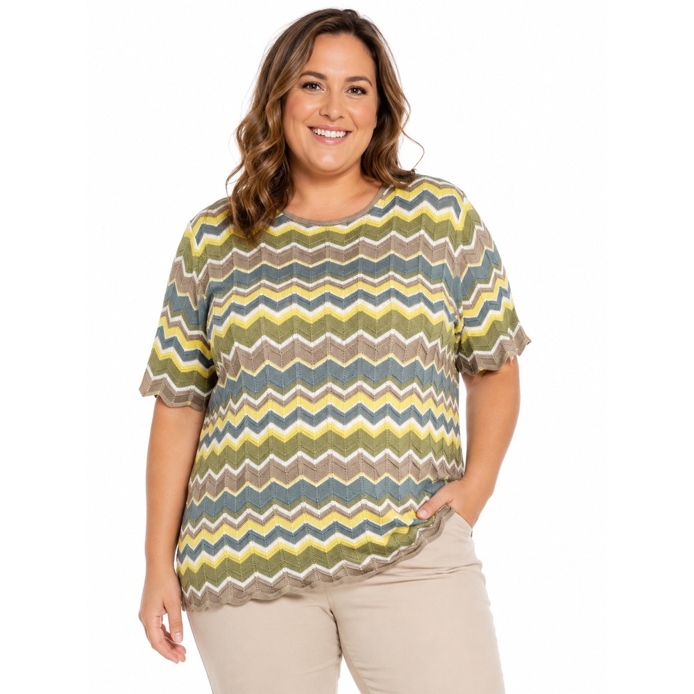 Alfred Dunner Chevron Zigzag Knit Short Sleeve Scallop Hem Top Multi XL